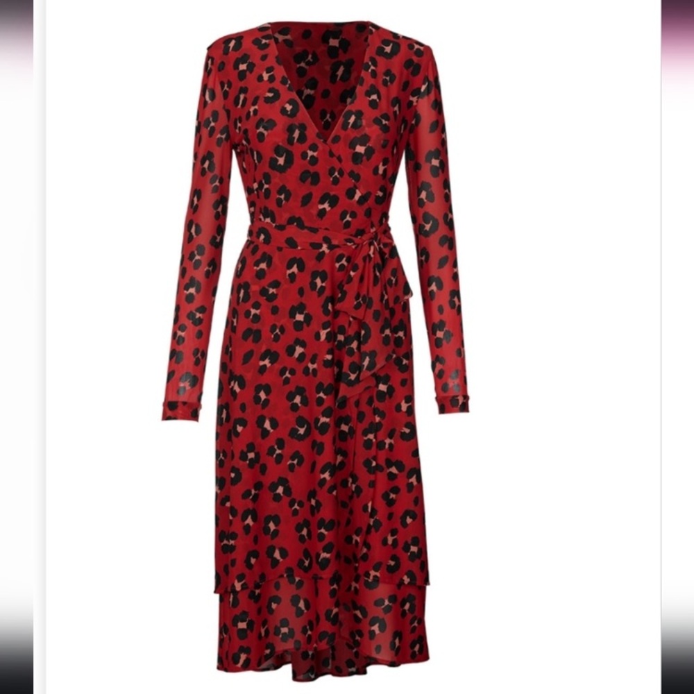CAbi Red and Black Leopard Print Long Sleeve Dress